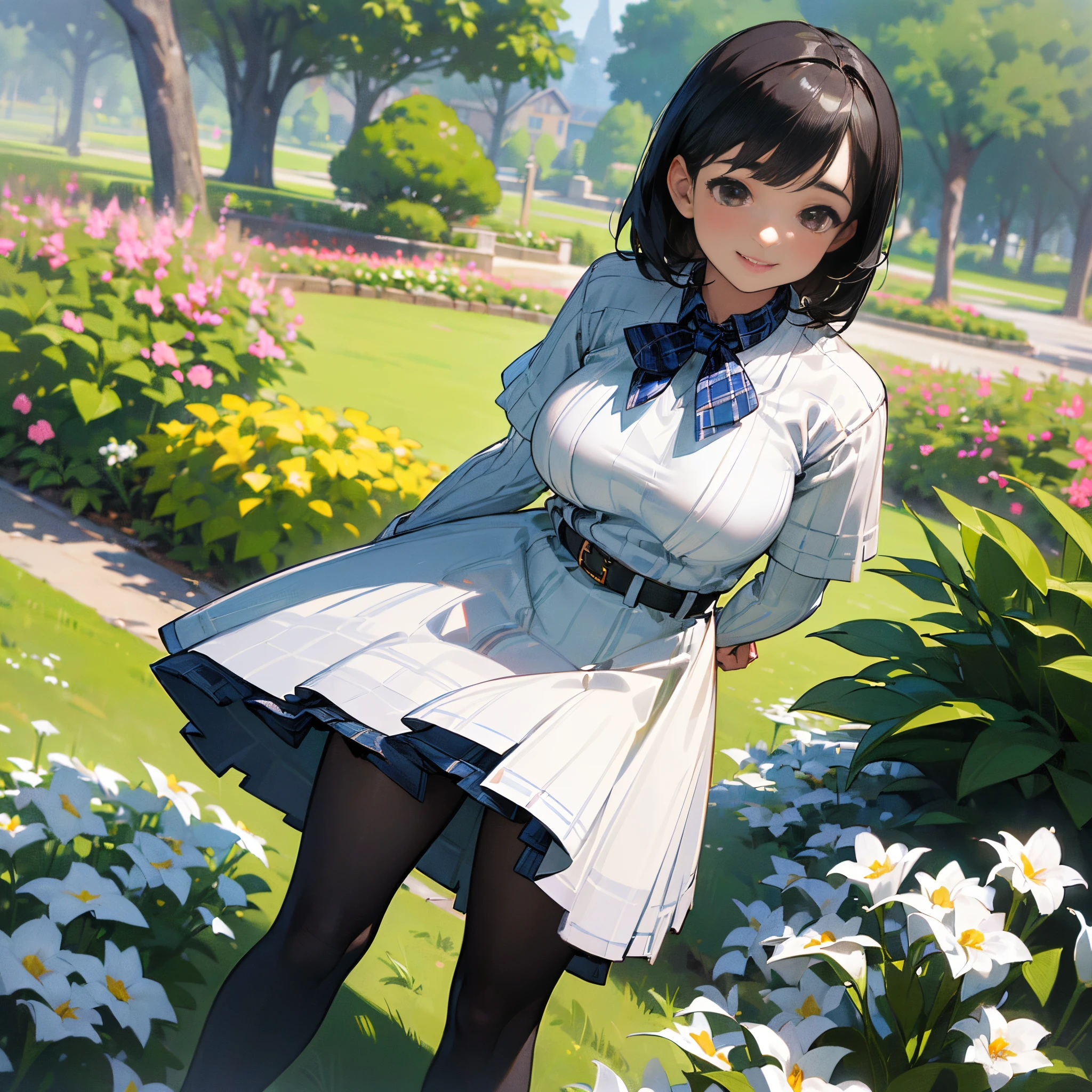 (High quality, High resolution, Ultra-detailed, Realistic:1.37), peaceful ambiance, (plein air, garden), age girl standing alone, (My breasts are big.), Beautiful detailed features, Cute smile, (Black bob hair), Ribbed sweater, blue plaid skirt, Black tights, Brown loafers.