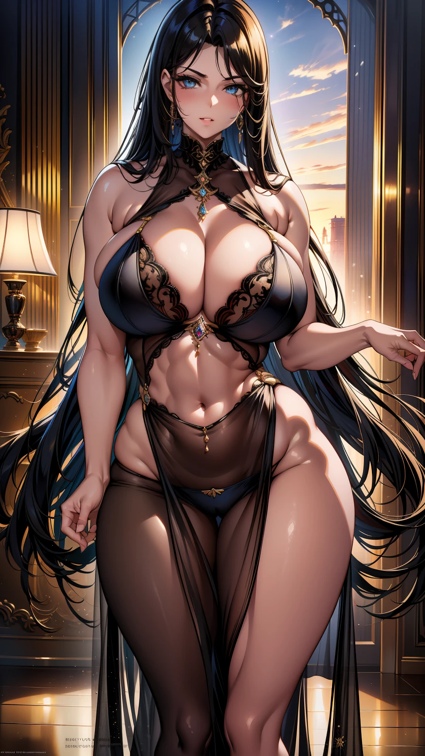 (best quality,4k,8k,highres,masterpiece:1.2),ultra-detailed,(realistic,photorealistic,photo-realistic:1.37),Muslim woman,super big breasts,radiant smile,attractively beautiful,black lingerie flowing,black silk drapes,flawless fair skin,gorgeous eyes with detailed lashes,long flowing black hair,relaxed and confident posture,subtle makeup,soft and sensual lighting,delicate lace details,subtle jewelry,engaging gaze,seductive charm,stunning model physique,vivid colors,alluringly feminine,Middle Eastern beauty,studio setting