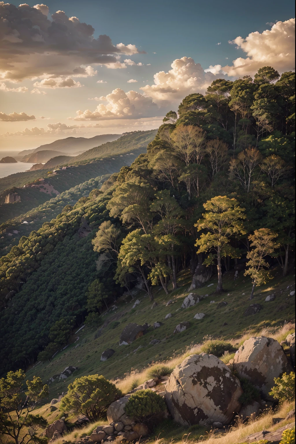 This image depicts a stunning landscape with rocky cliffs, lush trees, and a vibrant sunset. The dominant colors of brown and grey create a natural and earthy feel to the scene. In the foreground, we see a vast expanse of land with scattered rocks and patches of grass. The sky is filled with fluffy white clouds that add depth to the composition.