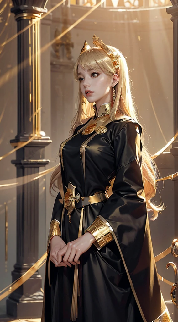 Official art, Unity 8k壁纸, super detailed, Beautiful, Beautiful, masutepiece, Best Quality,
Deities々Atmosphere, mystery, romanticism, creepy, literary, Art Book, Fashion, Victorian, decoration, Complexity, Goldsmith, With golden lace, contemplation, emotional depth, Supernatural,,Magic Surround,(((golden light surrounds her:1.5))),
Woman with straight long hair and red lipstick, frederica, 16 year woman,a blond、perfect beautiful body、Perfect beautiful face、Old church、gold and black medieval dress、