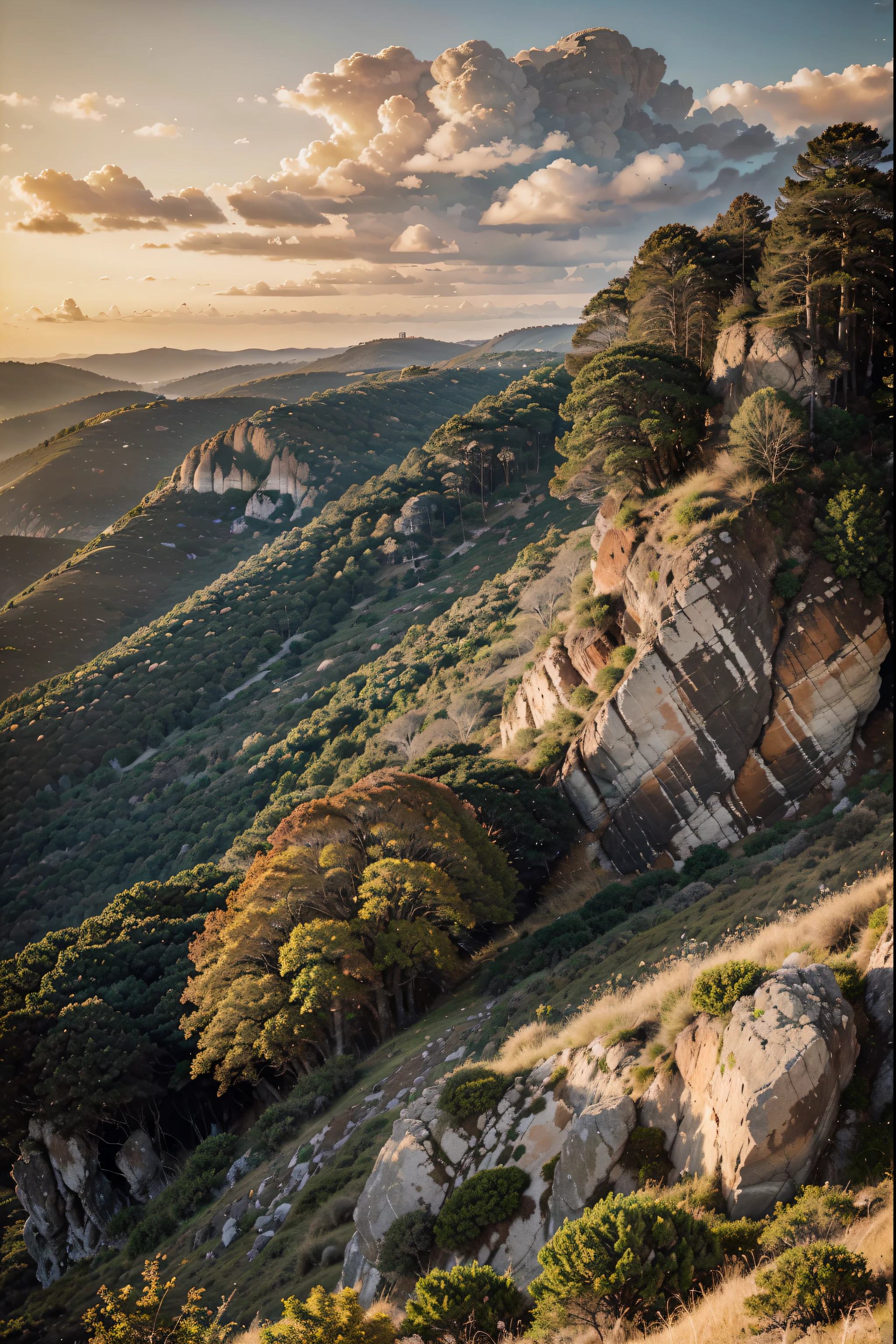 Esta imagen muestra un paisaje impresionante con acantilados rocosos., lush trees, y un atardecer vibrante. Dominant colors of brown and gray create a natural, earthy feel to the scene.. En primer plano, We see a vast expanse of land with scattered rocks and patches of grass.. The sky is filled with fluffy white clouds that add depth to the composition..