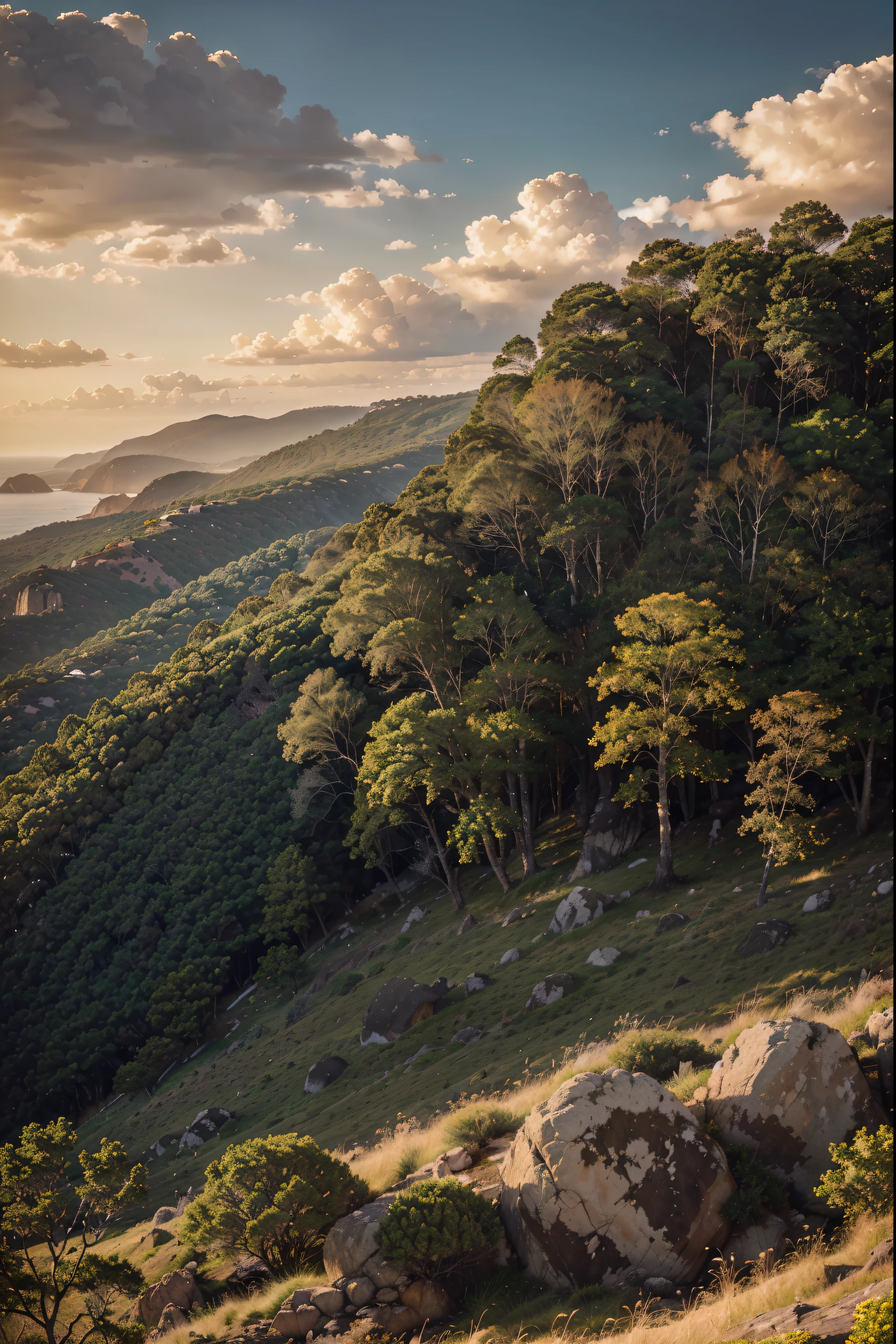 Esta imagen muestra un paisaje impresionante con acantilados rocosos., lush trees, y un atardecer vibrante. Dominant colors of brown and gray create a natural, earthy feel to the scene.. En primer plano, We see a vast expanse of land with scattered rocks and patches of grass.. The sky is filled with fluffy white clouds that add depth to the composition..