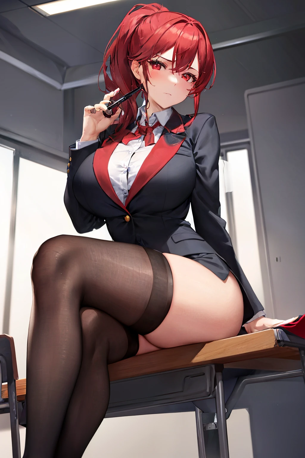 A strict teacher, sitting on the desk in front of me, crossed legs, tights, red high hills, despising sight, exposing big breasts, a little open shirt, blazer, slim, red eyes, brown ponytail, red panties, full height, my look from the bottom, feet