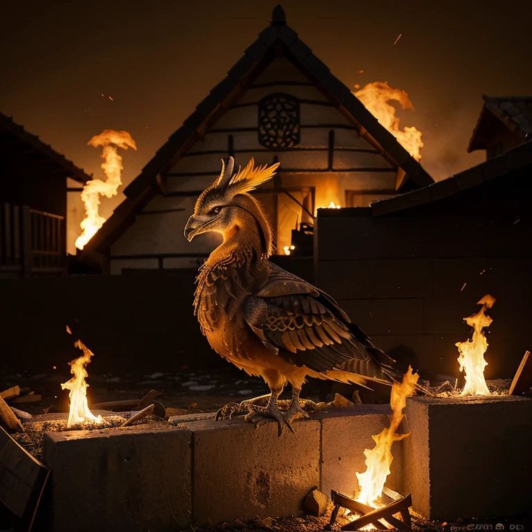Hasme un logo que tenga un fenix saliendo de las cenizas ardiendo con colores morados, dorados y negro, con llamas y que diga House Fenix