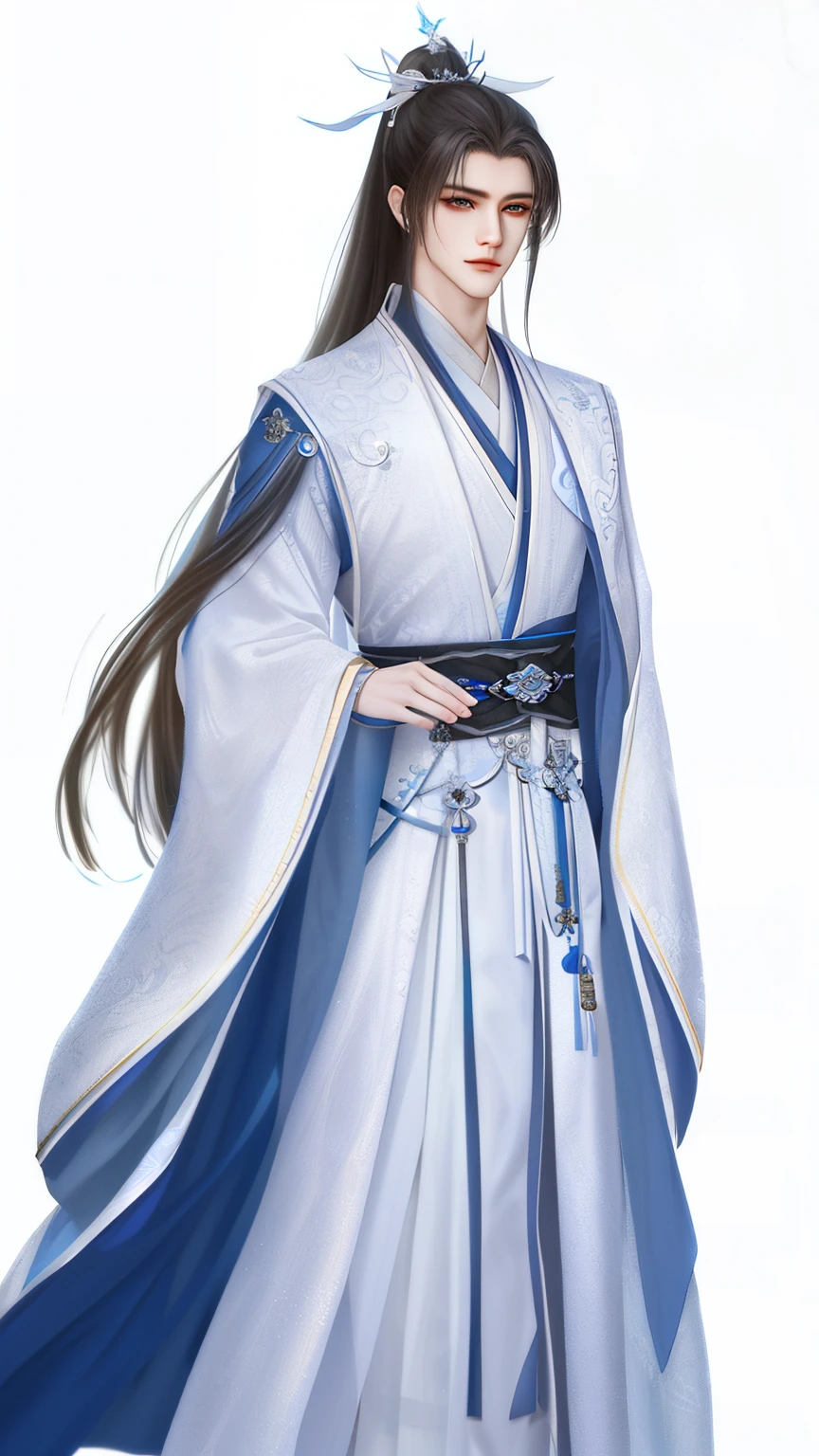 Man dressed in white and blue, Wallpapers，high ponytails，heise jinyao, cotton mist robe，The exquisite prince, Inspired by Bian Shoumin, inspired by Guan Daosheng, full body xianxia, Beautiful prince, inspired by Zhang Han, inspired by Zhao Yuan,, flowing hair and long robes, zhao yun, xianxia hero，white backgrounid，Eye focus，a sharp gaze，A high resolution，tmasterpiece，Best quality，32K,