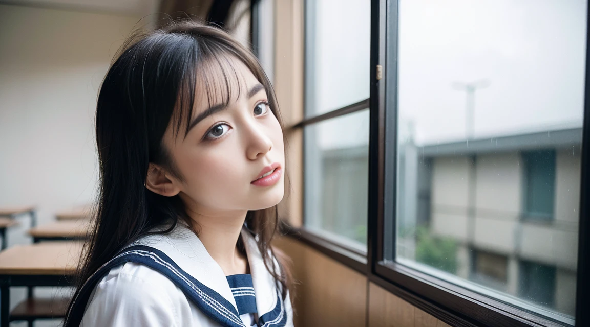 (Best Quality, 8K, 32 k, masutepiece, (english) (english) (english):1.2), (Raw foto), (realisitic), (Photorealistic:1.2), (high resolucion), Ultra-detailed, extremely beautiful face & eyes, 1girll, (Lori, 14 year old:1.2), young female, innocent face, faint expression, sad look, thin-waist, tits huge, slim proportions, (Uniform of Japanese sailors, sailor fuku, serafuku, japanese school sailor uniform, striped pleated skirt:1.27), in a classroom, Side view looking out the window, It's raining outside. rainy weather, 90s, Analog film camera shooting, mini