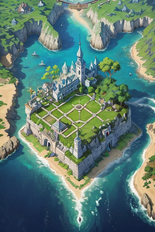 island surrounded by seas and beaches, medieval kingdom, ancient fantasy, highly detailed map, Height Map, monument made of stones and runes centered, with many houses, fauna and flora, bridges, stairs. Camera isometric view, An enchanted world, game 8-bit, highly detailed official art, perfect world, full body zoom out, The world map of the poket metaverse.
It has an area of 500 meters x 500 meters.