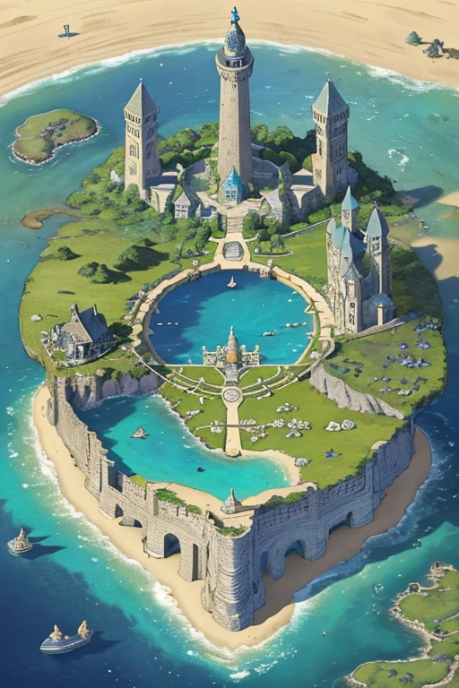 island surrounded by seas and beaches, medieval kingdom, ancient fantasy, highly detailed map, Height Map, monument made of stones and runes centered, with many houses, fauna and flora, bridges, stairs. Camera isometric view, An enchanted world, game 8-bit, highly detailed official art, perfect world, full body zoom out, The world map of the poket metaverse.
It has an area of 500 meters x 500 meters.