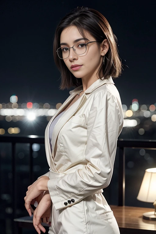 high resolusion, Un, hiper realista, Pro Lighting, Fondo de pantalla de 8k, Masutepiece, La mejor calidad, 1chica en, pelo corto, Pelo liso, cabello flotante, (Mira a los espectadores), Sentado mirando hacia el frente, busto bien formado, escote de la mama, Trajes de negocios, Gafas con montura plateada, arete, un collar, pantys, Bokeh DOF, Puedes ver la vista nocturna desde la ventana, Room Hotels, Brazos hacia abajo, senos apretados juntos