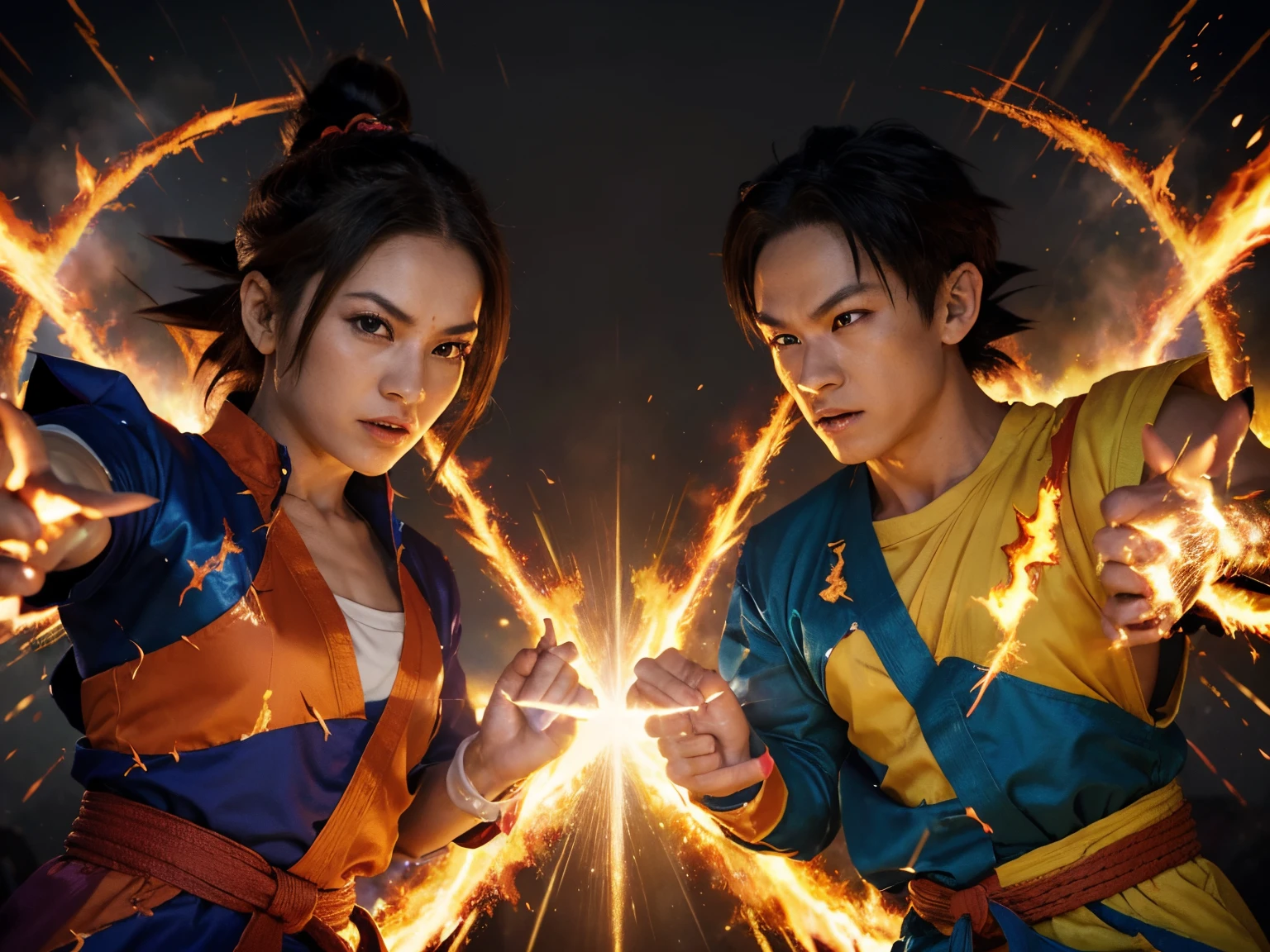 (Creat,Dragon Ball Z),(best quality,4k,highres),(portraits,anime),(vivid colors),(dragon family),(energetic poses),(detailed costumes),(colorful background),(dynamic lighting),(fierce battle atmosphere),(dragon flames),(martial arts movements),(powerful energy auras)