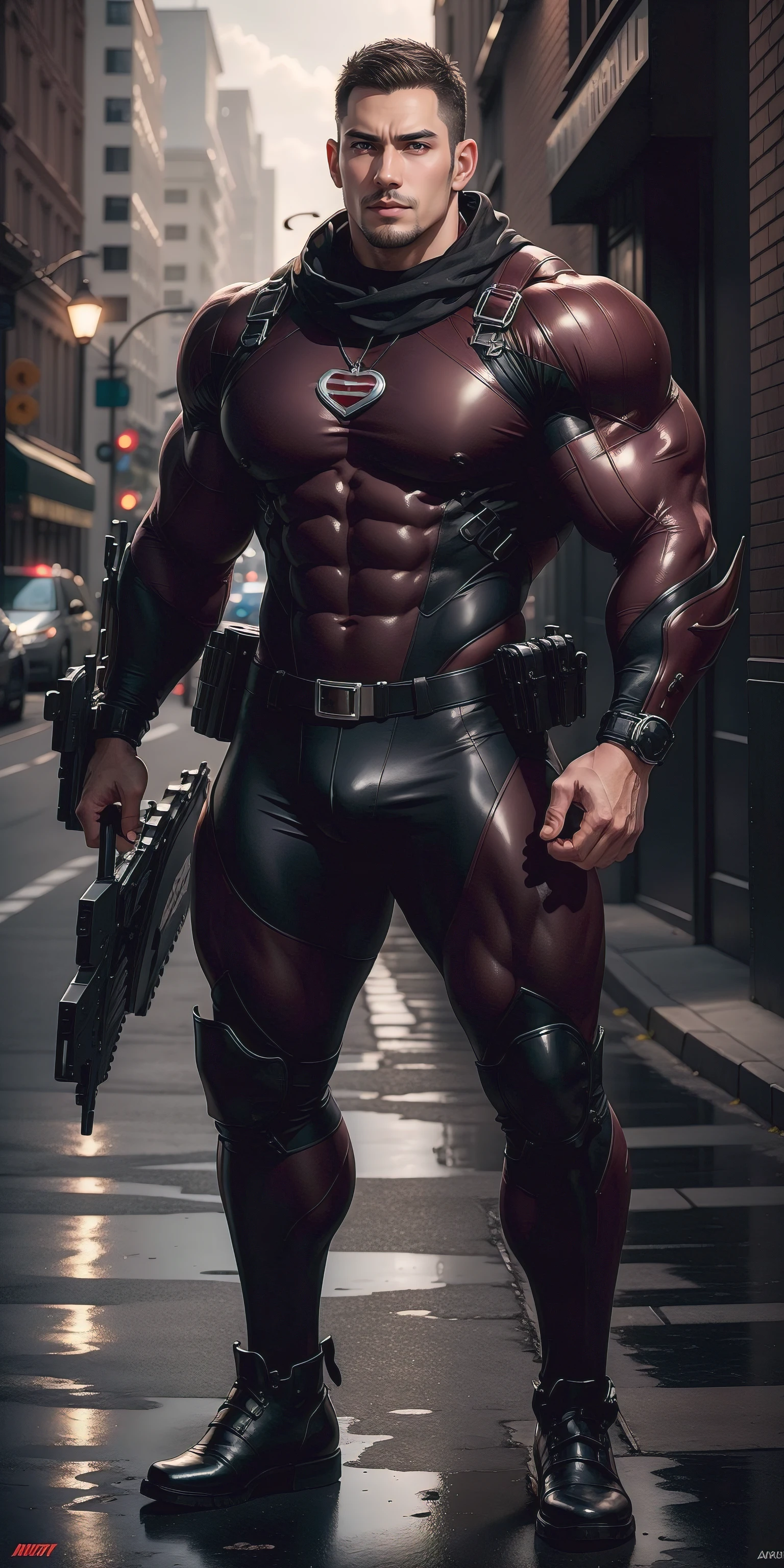 The 2-meter-tall muscular man opened his mouth and screamed，senior police officer，character  design（Resident Evil - Chris Redfield，Chris Redfield）Wearing a shiny burgundy wetsuit，High leather texture，Regular symmetrical texture pattern，Standing on a street with a lot of slimes, A lot of silty silt，expression sad，The male protagonist with a deep and charming brown pupil in his right eye，heroic masculine pose，Tall and burly，Muscular！Sexy and attractive leg muscles，tall, Burly, and strong， Wearing a shiny burgundy wetsuit， Super gain and cool， commission for high resolution， Big feet wearing dark black boots，Charming strong man，Bright sunlight shines on the body，Reflective and shiny