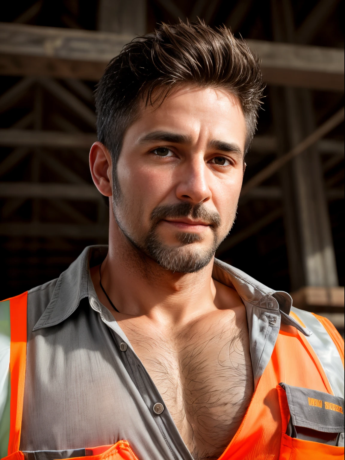 masterpiece, best quality, high resolution, closeup portrait, male focus, solo focus, A man, 40 years old, with construction worker uniform, unbuttoned work clothes, construction worker, silver grey hair, messy hairstyle, cute and seductive face, bare chest, body hair, facial hair, roman nose, sweaty, spreading legs, very skinny body, hairy legs, dimples, beard, goatee, bold jawline , in the background a construction site, orange safety vest, gay , erotic, view from below, amazing composition, front view, HDR, ultra quality, elegant, highly detailed