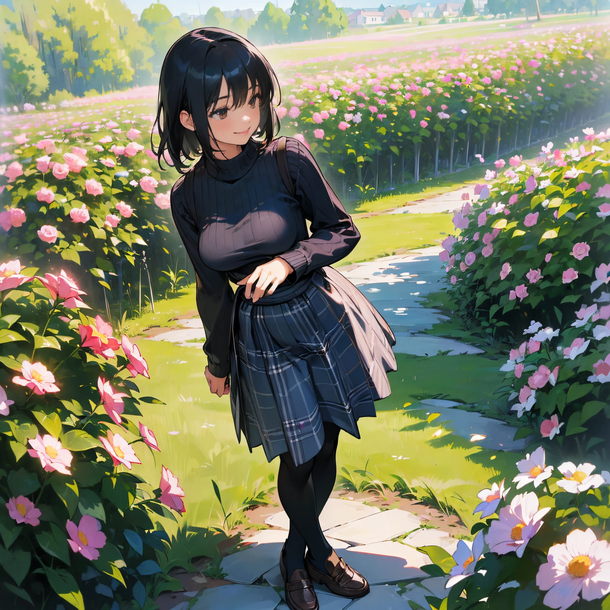 (High quality, High resolution, Ultra-detailed, Realistic:1.37), peaceful ambiance, (plein air, garden), Teenage girl standing alone, (My breasts are big.), Beautiful detailed features, Cute smile, (Black bob hair), Ribbed sweater, blue plaid skirt, Black tights, Brown loafers.