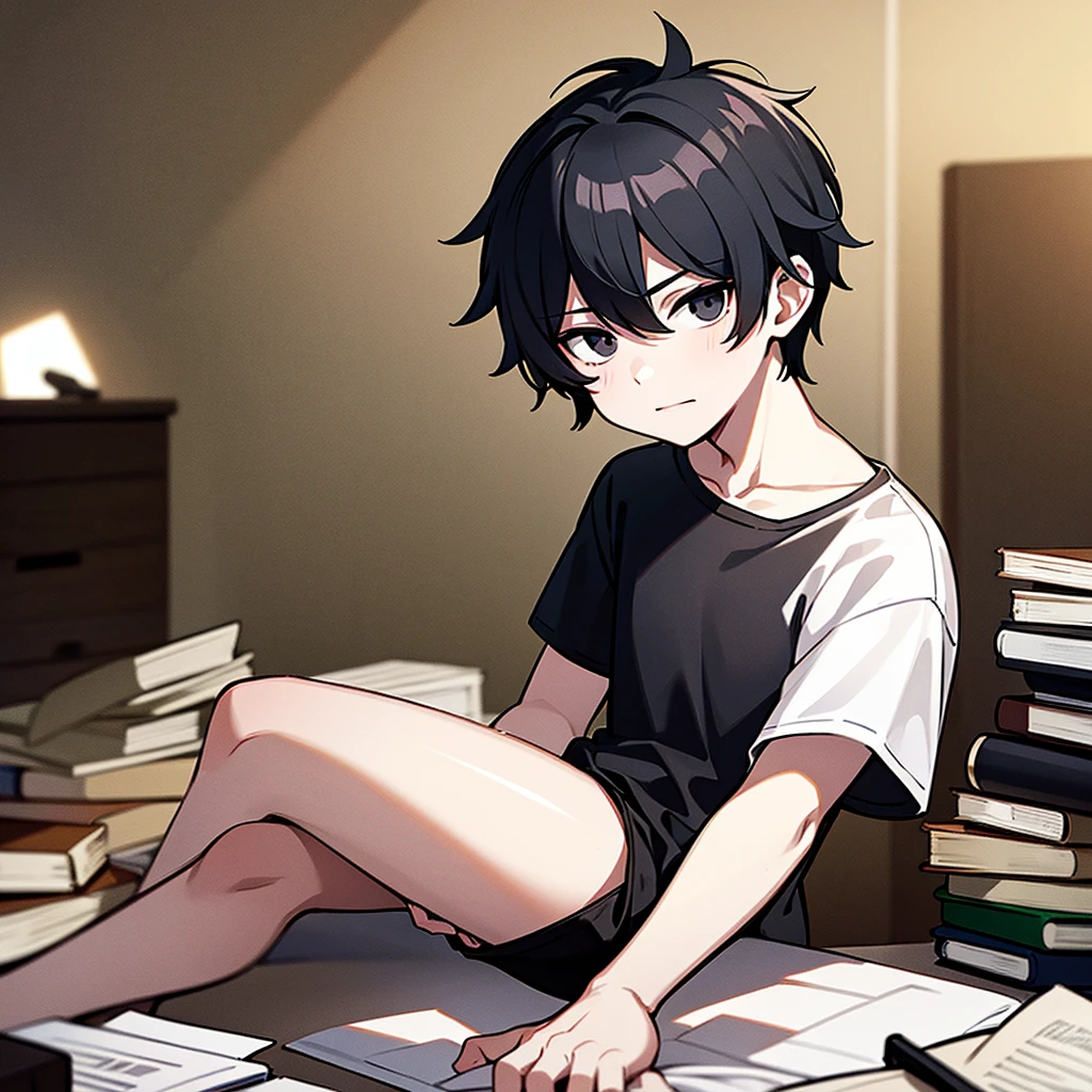 White-skinned man with black eyes,messy book style black hair,He is wearing a white t-shirt, medium-length black shorts.,friendly look
