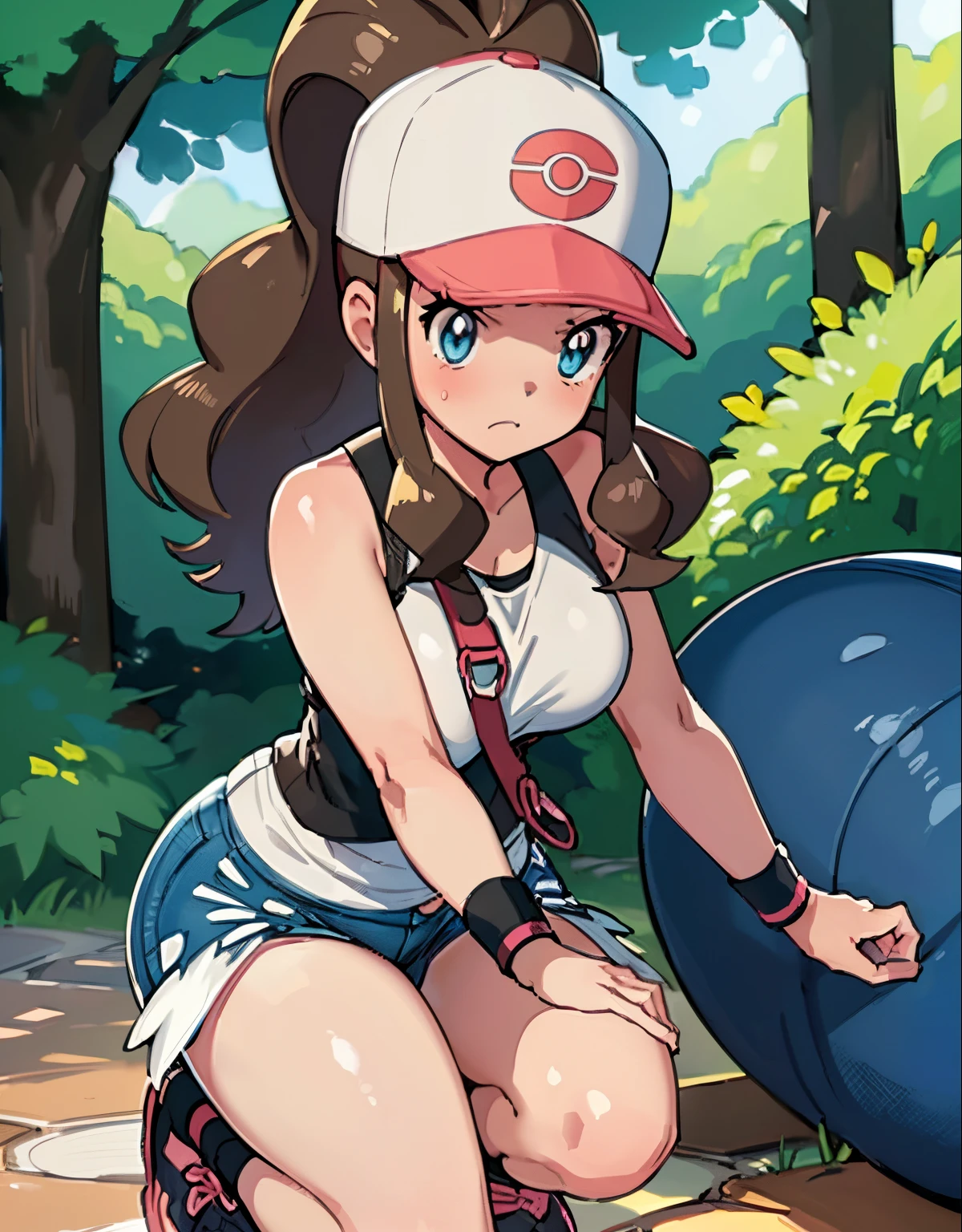 (full body,curvy,def1,loved look,embarrassed expression,looking at the camera,pokemon stadium,big butt,visible thighs,on knees,vivid colors,portrait,soft lighting,low view,portrait, best quality, 4k, highres, masterpiece:1.2, ultra-detailed, realistic:1.37, HDR)