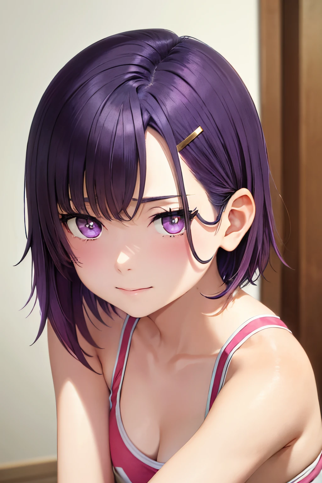 Masterpiece、top-quality、girl1、ultra-detailliert、Mikazuki Shizuka、low gaze Purple hair、short-hair、hair clips Purple Eyes red blush Sportsbra all-fours、Faces close、Facial Close-up