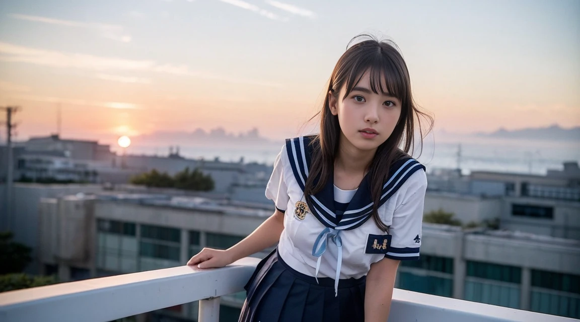 (Best Quality, 8K, 32 k, tmasterpiece, NFFSW (english) (english) (english) (english) (english):1.2), (Raw foto), (realisitic), (Photorealistic:1.2), (high resolucion), Ultra-detailed, extremely beautiful face & eyes, 1girll, (Lori, 14 year old:1.2), young female, innocent face, thin-waist, tits huge, slim proportions, (Uniform of Japanese sailors, sailor fuku, serafuku, japanese school sailor uniform, striped pleated skirt:1.27), (From below, white thong, groin:1.24), School rooftop in the evening, Red sunset