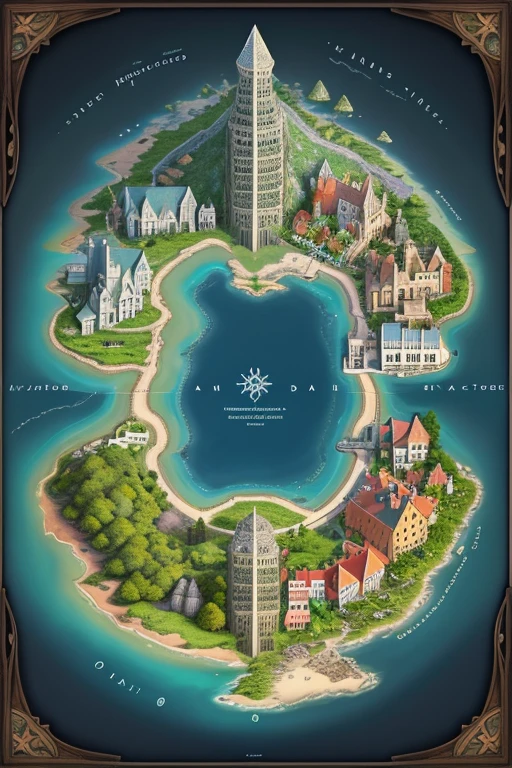 island surrounded by seas and beaches, medieval kingdom, ancient fantasy, highly detailed map, Height Map, monument made of stones and runes centered, with many houses, fauna and flora, bridges, stairs. Camera isometric view, An enchanted world, game 8-bit, highly detailed official art, perfect world, full body zoom out, The world map of the poket metaverse.
It has an area of 500 meters x 500 meters.