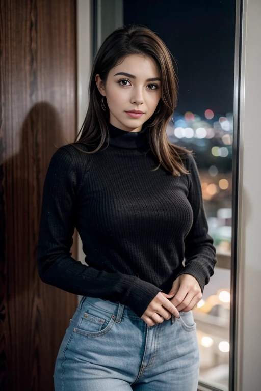 high resolusion, Un, hiper realista, Pro Lighting, Fondo de pantalla de 8k, Masutepiece, La mejor calidad, 1chica en, pelo corto, Pelo liso, cabello flotante, (Mira a los espectadores), Sentado mirando hacia el frente, busto bien formado, escote de la mama, Trajes de negocios, Gafas con montura plateada, arete, un collar, pantys, Bokeh DOF, Puedes ver la vista nocturna desde la ventana, Room Hotels, Brazos hacia abajo, senos apretados juntos, senos enormes, pechos grandes, pesando sin mostrar las manos, pagando de cuerpo completo
