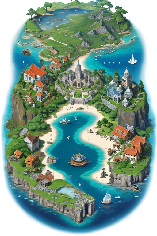island surrounded by seas and beaches, medieval kingdom, ancient fantasy, highly detailed map, Height Map, monument made of stones and runes centered, with many houses, fauna and flora, bridges, stairs. Camera isometric view, An enchanted world, game 8-bit, highly detailed official art, perfect world, full body zoom out, The world map of the poket metaverse.
It has an area of 500 meters x 500 meters.