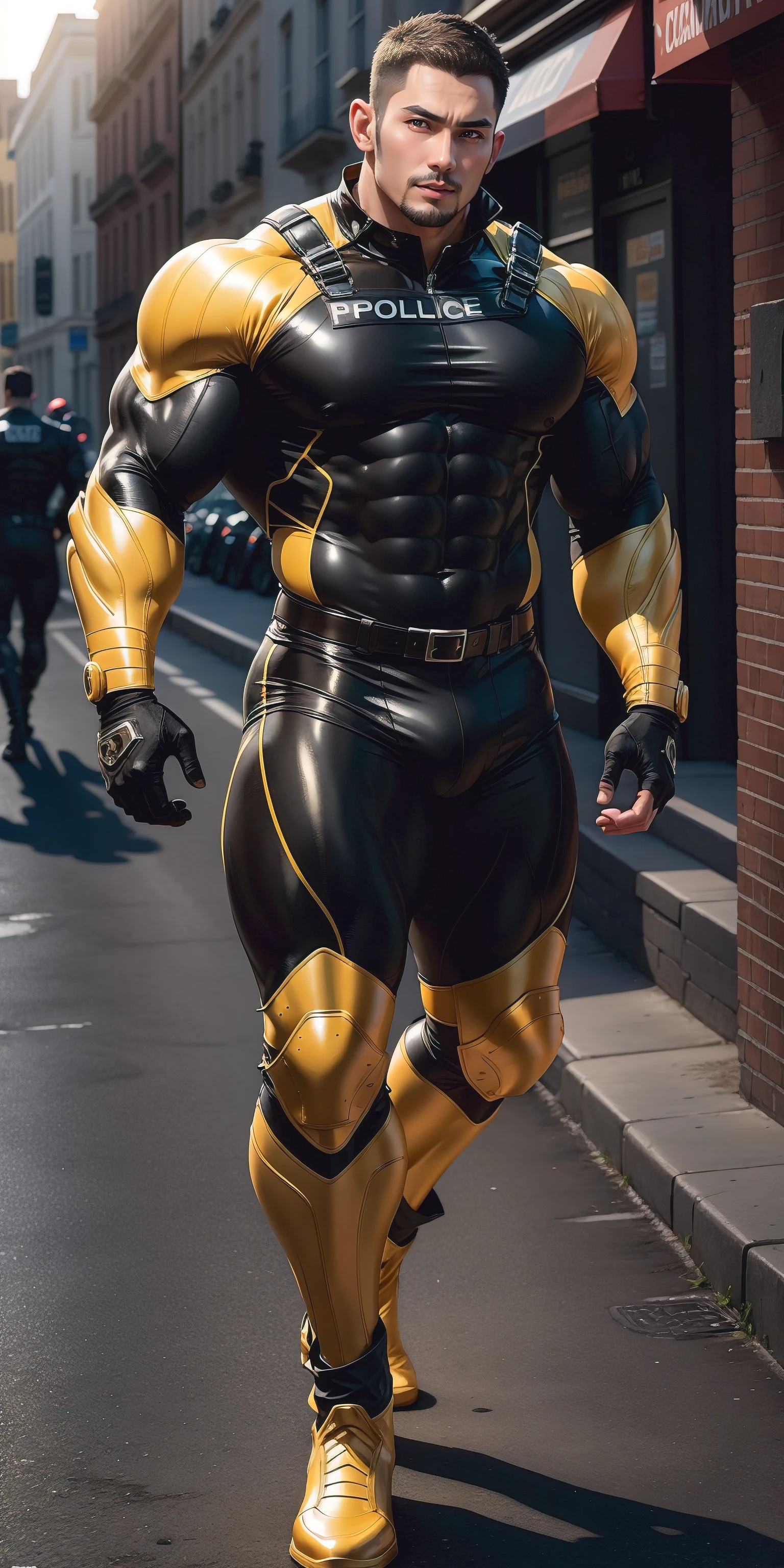 The 2-meter-tall muscular man opened his mouth and screamed,senior police officer,character design(Resident Evil - Chris Redfield,Chris Redfield)Wearing a shiny dark yellow wetsuit,High leather texture,Regular symmetrical texture pattern printed with luminous English letters,Stand on a sunny street, A lot of silty silt,expression sad,The male protagonist with a deep and charming brown pupil in his right eye,heroic masculine pose,Tall and burly,Muscular!Sexy and attractive leg muscles,tall, Burly, and strong, Wearing a shiny dark yellow wetsuit, Super gain and cool, commission for high resolution, Big feet wearing dark black boots,Charming strong man,Bright sunlight shines on the body,Reflective and shiny