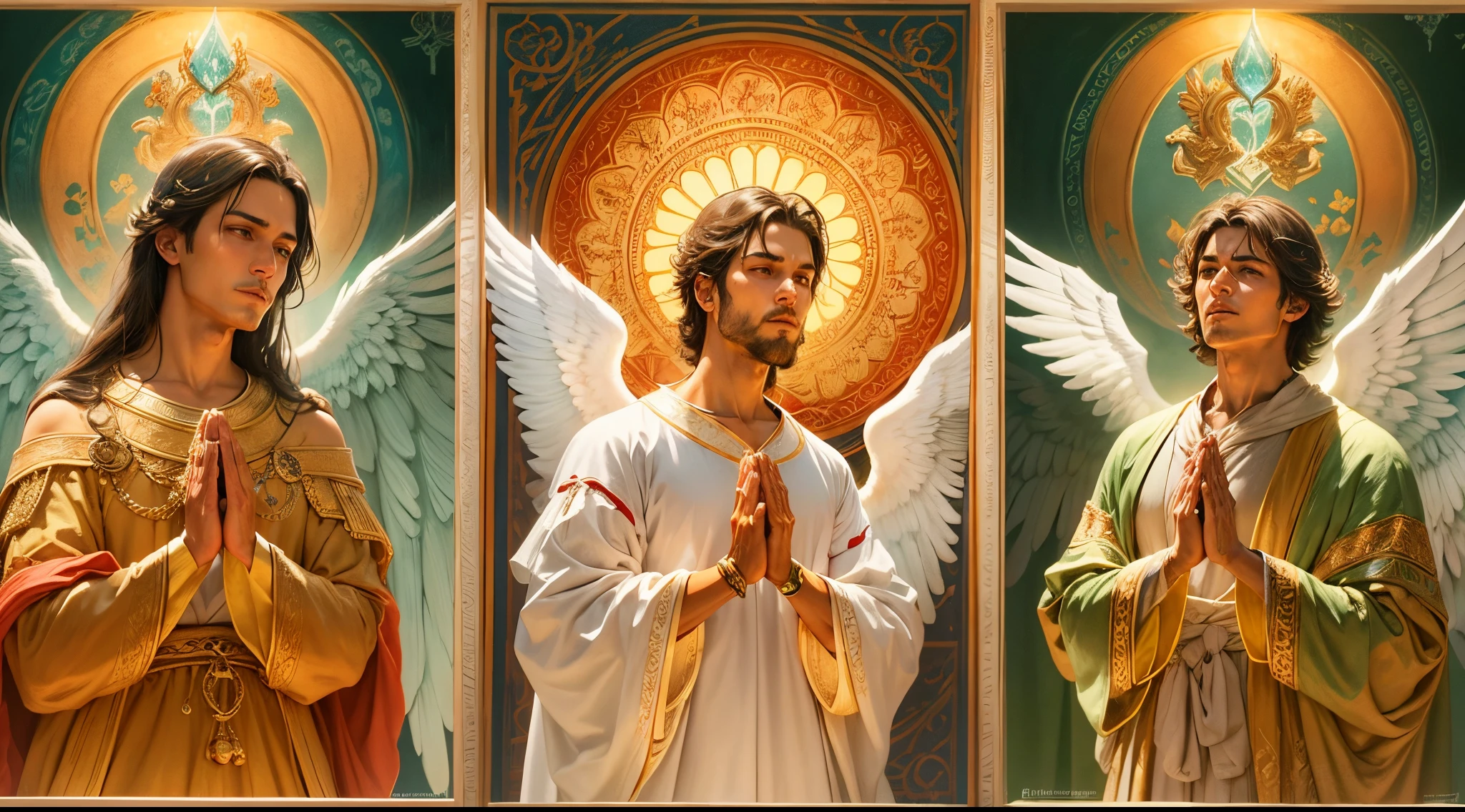 Close up of an image of three male angels praying and blessing, arcanjos homens com asas grandes, o anjo da fortuna, perfeito, Reslistic, Biblical setting, celestial scenery, sol e nuvens ultras realistas, flores e velas, illuminated archangel of heaven, Passes em segundo plano, flores coloridas, velas acesas, roupas brancas e vermelhas