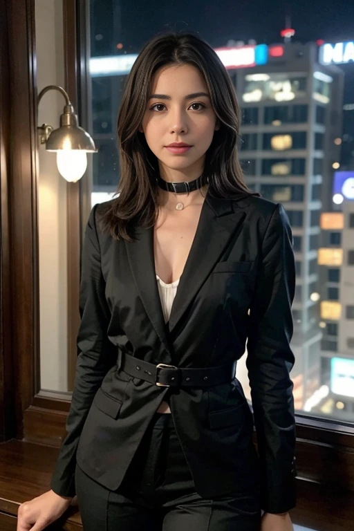 high resolusion, Un, hiper realista, Pro Lighting, Fondo de pantalla de 8k, Masutepiece, La mejor calidad, 1chica en, pelo corto, Pelo liso, cabello flotante, (Mira a los espectadores), Sentado mirando hacia el frente, busto bien formado, escote de la mama, Trajes de negocios, Gafas con montura plateada, arete, un collar, pantys, Bokeh DOF, Puedes ver la vista nocturna desde la ventana, Room Hotels, Brazos hacia abajo, senos apretados juntos, senos enormes, pechos grandes, pesando sin mostrar las manos, pagando de cuerpo completo