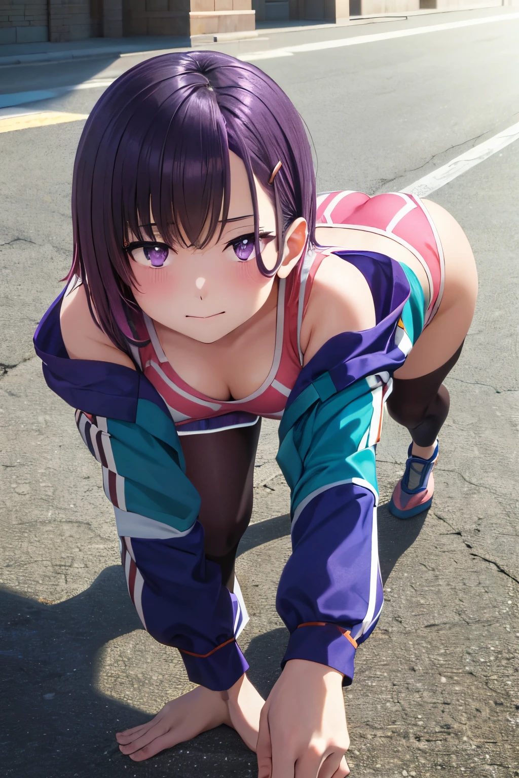 Masterpiece、top-quality、girl1、ultra-detailliert、Mikazuki Shizuka、low gaze Purple hair、short-hair、hair clips Purple Eyes red blush Sportsbra all-fours、crawl hand in hand、crawling on floor、View from the front