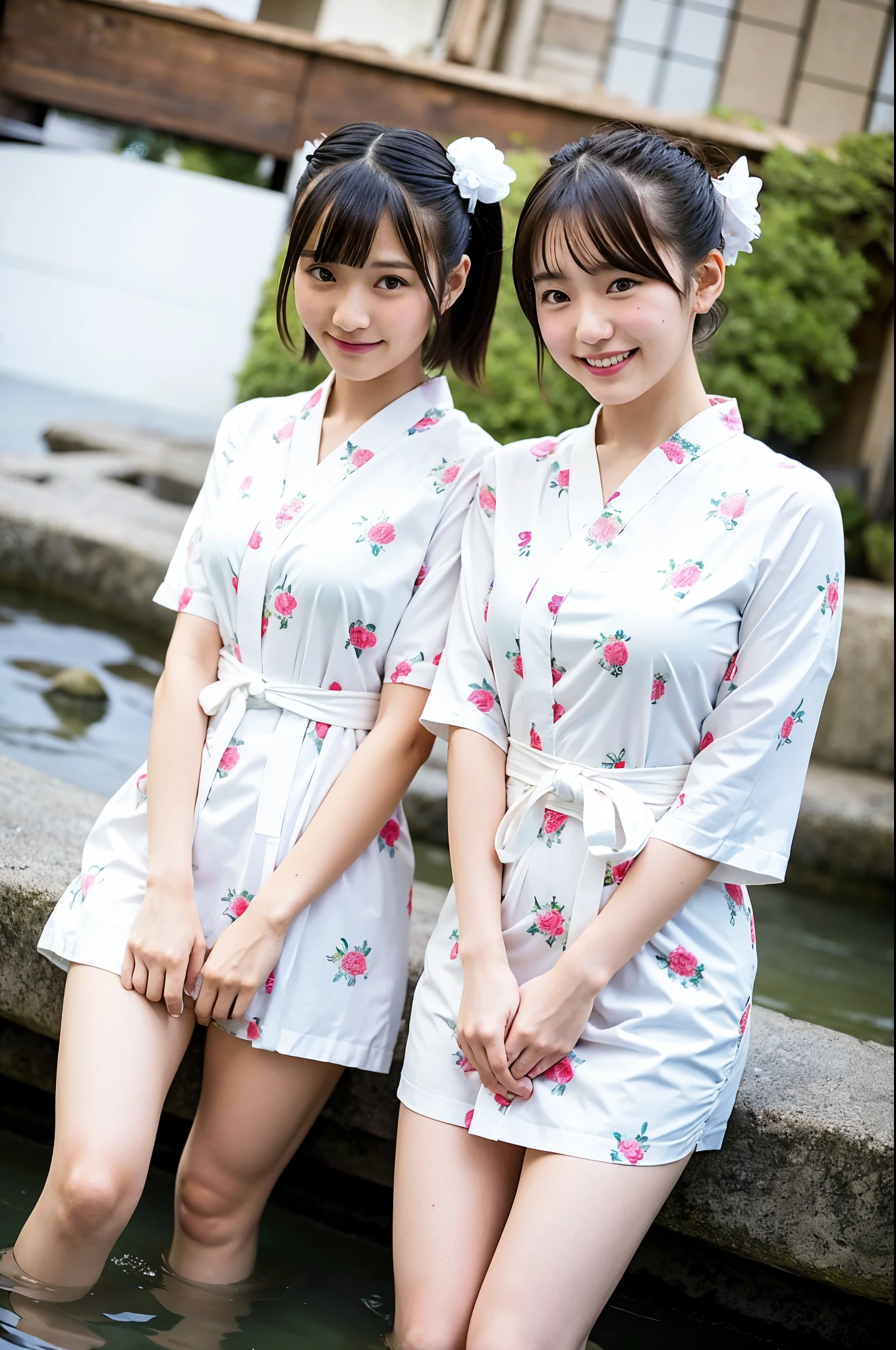 2 girls standing in hot spring,white floral yukata,18-year-old,bangs,a little smile,thighs,crotch,knees,short cut hair,low poneytail,from below