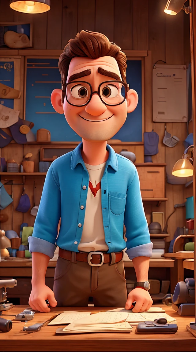 create a pixar-style scene of a 30-year man with glasses in a sewing machine repair shop