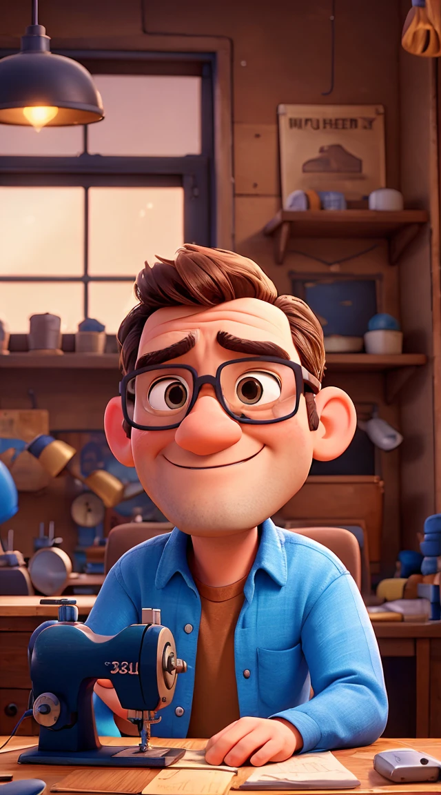 create a pixar-style scene of a 30-year man with glasses in a sewing machine repair shop
