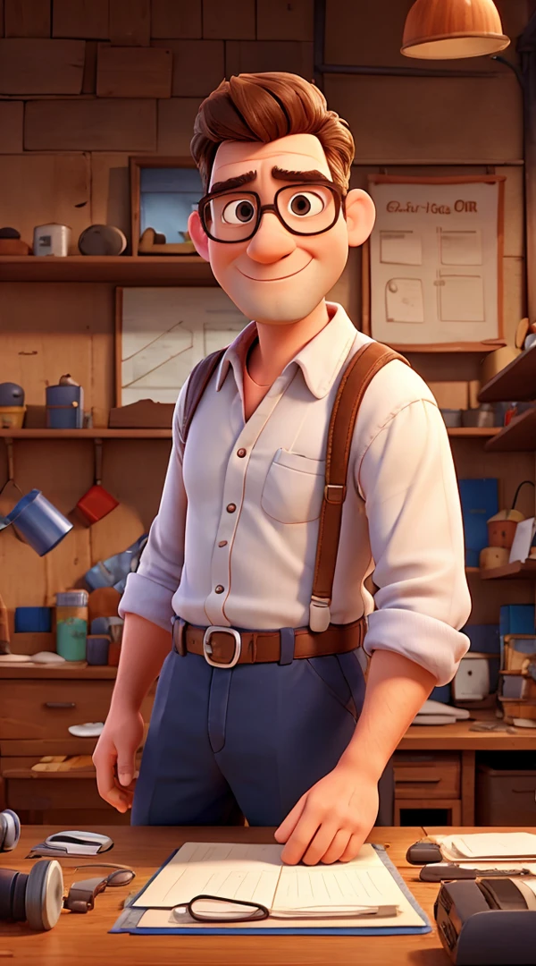 create a pixar-style scene of a 30-year man with glasses in a sewing machine repair shop