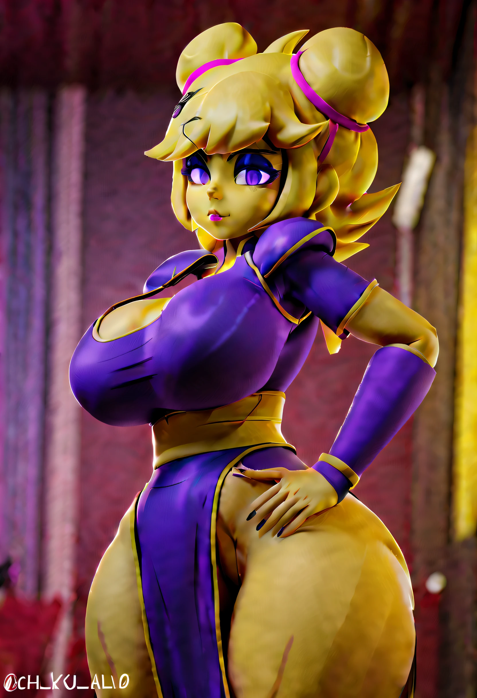 (best quality, masterpiece1.2), 1girl, solo, anthro, cally3d, sexy, detailed, extreme detail, perfect lighting, 4k, chun-li, chun-li outfit, black leggings, blue dress, (chiku), yellow body, purple eyes, purple eyeliner, hair band, hair clips, yellow hair,