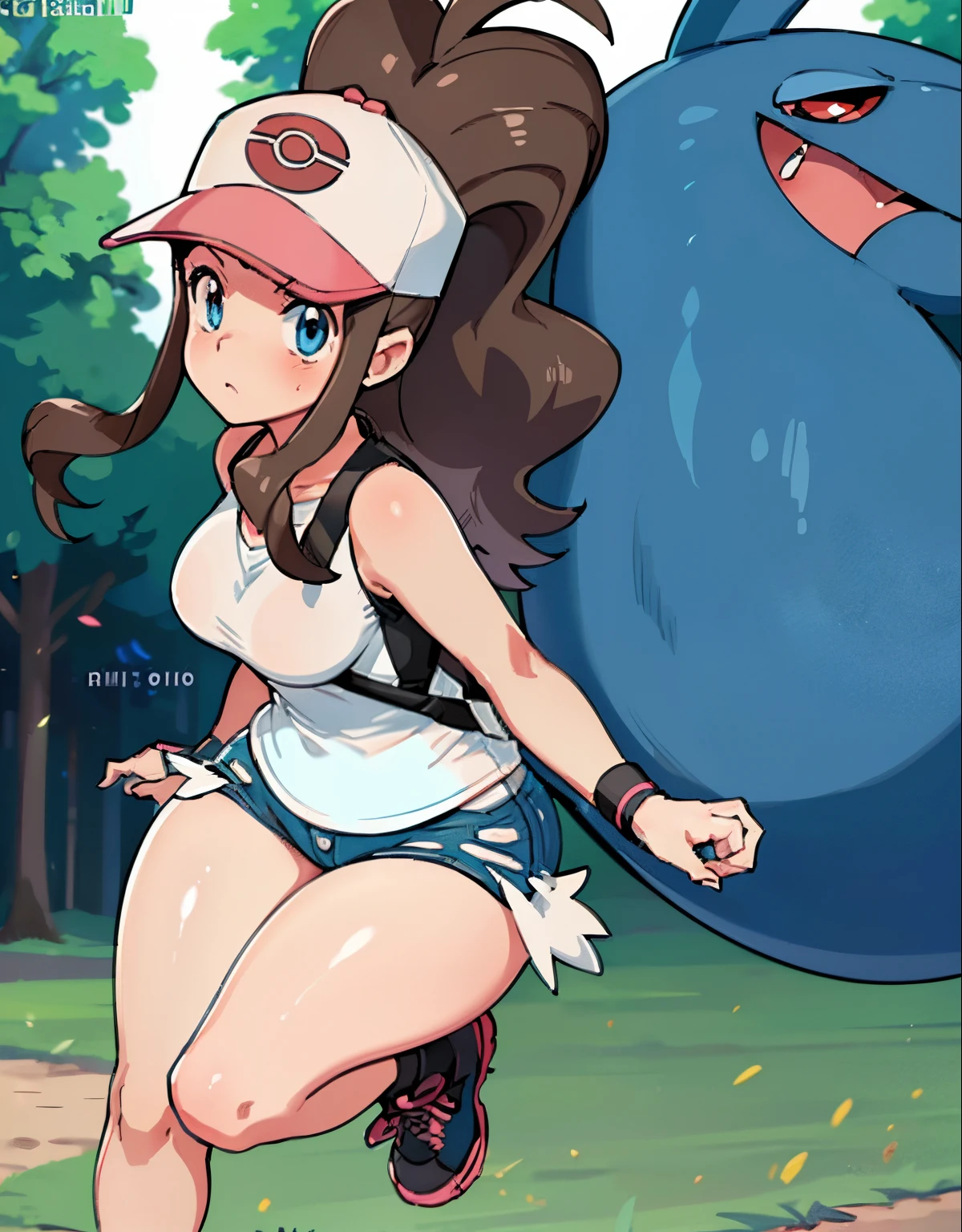 (full body,curvy,def1,loved look,embarrassed expression,looking at the camera,pokemon stadium,big butt,visible thighs,on knees,vivid colors,portrait,soft lighting,low view,portrait, best quality, 4k, highres, masterpiece:1.2, ultra-detailed, realistic:1.37, HDR)