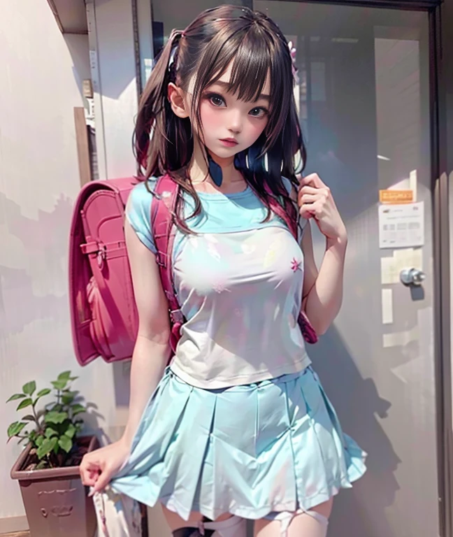 1 girl, Transparent water, Blue butterfly, Pure white gauze skirt, glinting、a school bag
