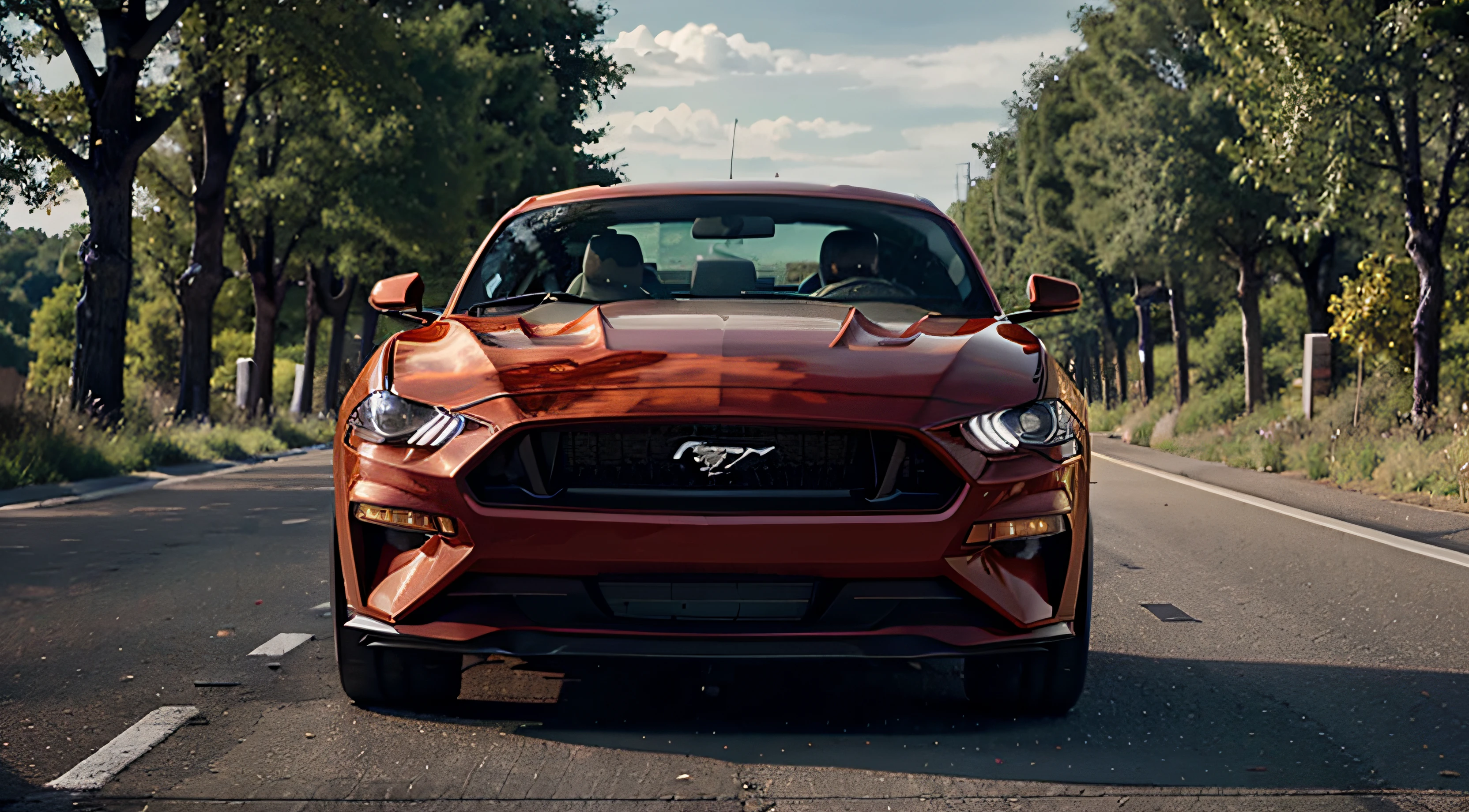 Coche desde el frente, Estilo Ford Mustang, rojo, alta calidad, 4k, Cinematic view completely from the front.. Antecedentes de la autopista, with trees in the background.