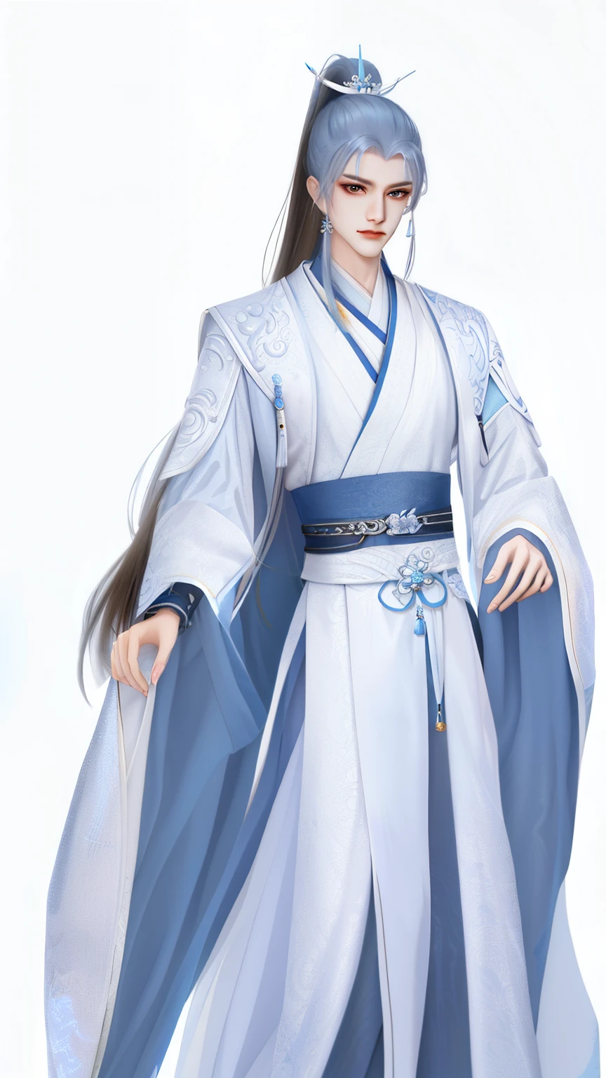 Man dressed in white and blue, Wallpapers,high ponytails,heise jinyao, cotton mist robe,The exquisite prince, Inspired by Bian Shoumin, inspired by Guan Daosheng, full body xianxia, Beautiful prince, inspired by Zhang Han, inspired by Zhao Yuan,, flowing hair and long robes, zhao yun, xianxia hero,white backgrounid,Eye focus,a sharp gaze,A high resolution,tmasterpiece,Best quality,32K,
