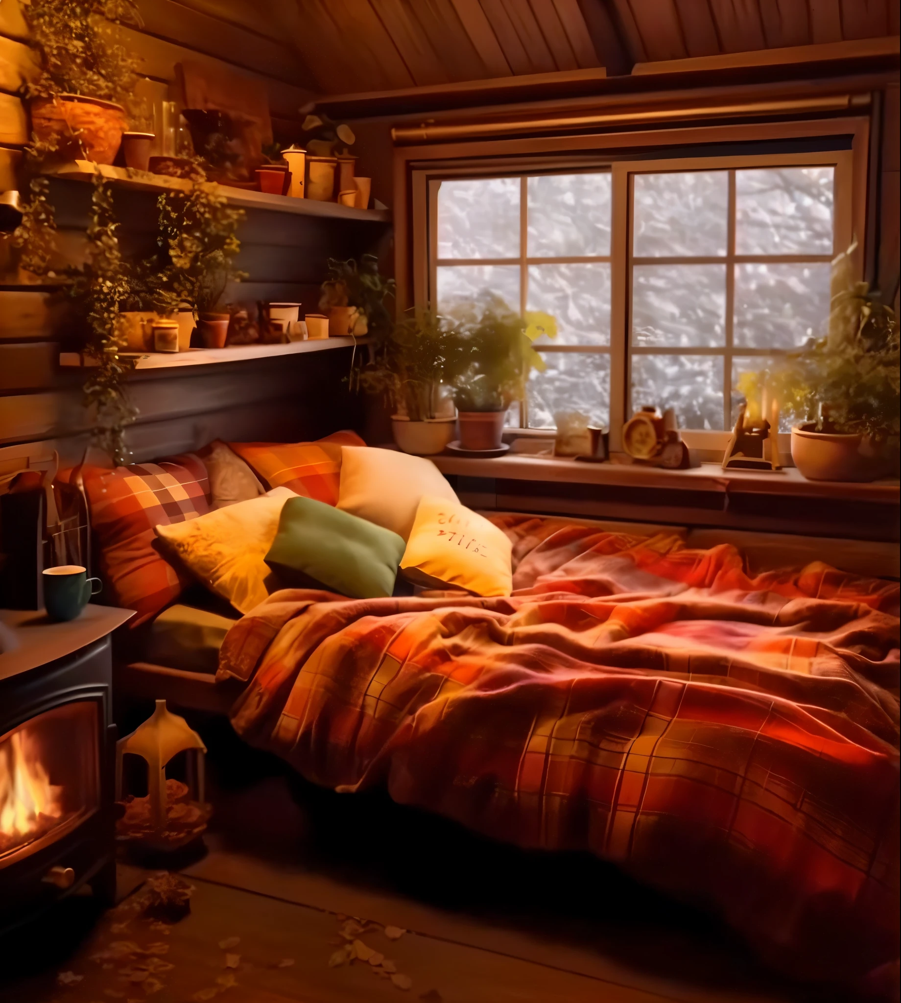 There a bed with a plaid quilt and a fireplace in the corner, cozy room, cozy place, cozy and calm, Comfortable and peaceful atmosphere, cozy environment, Comfortable aesthetic, Comfortable wallpaper, cozy bed, warm cosy colors, cosy atmoshpere, cozy environment, soothing and cozy landscape, Home background, Pleasant and comfortable atmosphere, Cozy atmosphere, comfortable atmosphere