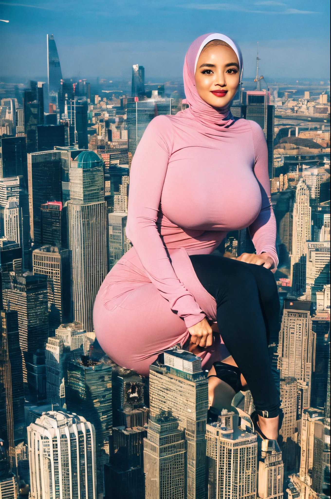 (Best quality, high resolution, masterpiece: 1.3), a beautiful malay woman in hijab, gigantic breasts, slim figure, sweatshirt, beautifully presented details in the street and facial and skin texture, detailed eyes, double eyelids, big eyeschest visible, shirt openfeatures), HDR, 8k resolution, nice fingers, firm skin, (((high detail skin, visible pores))), 1 female, tall body, 30 years old, holding a luxurious handbag(ultra Gigantic Breasts:1.3, heavy hanging breasts, perfect round shape breast), wearing jeans Tight Malay Gamis Pastel Close Up Tight Hijab, big busty red lips, Full Body, Beautiful Shy Smile, Wearing High Heels, In Lux, wearing deep_v-neck_dress, (giga:1.3), giantess, (city destruction:1.35), metropolis, london, aerial view, sitting on a building