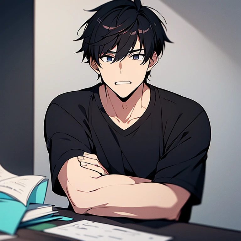 White-skinned man with black eyes.,Messy book style short black hair,He was wearing a white t-shirt.,Mid-length black shorts.,Friendly appearance