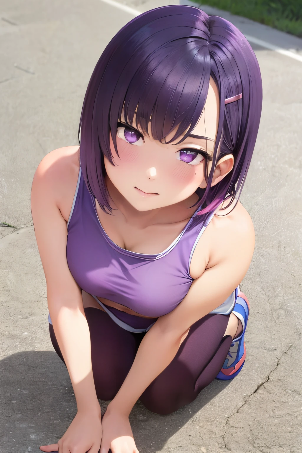 Masterpiece、top-quality、girl1、ultra-detailliert、Mikazuki Shizuka、low gaze Purple hair、short-hair、hair clips Purple Eyes red blush、Fallatio's face Sportsbra all-fours、crawl hand in hand、crawling on floor、View from the front、Faces close