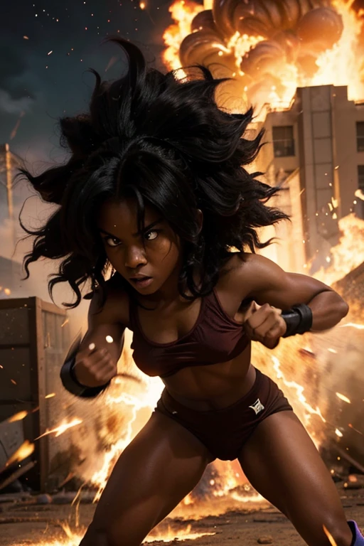 girl, darkskin girl, brown kid, hair till shoulder, hair like goku, dragon ball, goku, vegeta, anime, cartoon, black kid, young, big hair, Super Saiyan hair, hair like Super Saiyan 2, loading power, fighting stand, angry, fire in hands, building background, fighting pose
