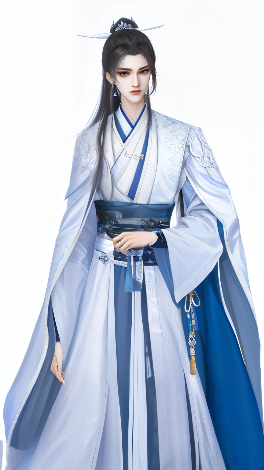 Man dressed in white and blue, Wallpapers，high ponytails，heise jinyao, cotton mist robe，The exquisite prince, Inspired by Bian Shoumin, inspired by Guan Daosheng, full body xianxia, Beautiful prince, inspired by Zhang Han, inspired by Zhao Yuan,, flowing hair and long , zhao yun, xianxia hero，white backgrounid，Eye focus，a sharp gaze，A high resolution，tmasterpiece，Best quality，32K,