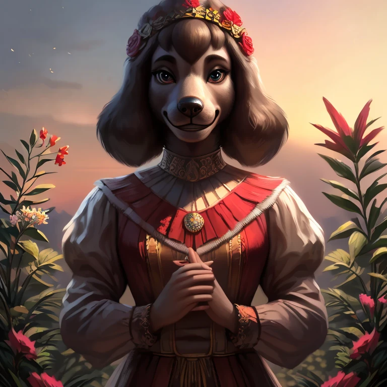 (best quality,4k,8k,highres,masterpiece:1.2),realistic,black poodle cartoon image,poodle's shiny fur,sparkling round eyes,cute and fluffy ears,playful expression,perfectly groomed appearance,creative caricature style,bright and vibrant colors,elegant posture,charming smile,detailed rendering of the poodle's paws,fine brush strokes,picture-perfect background with flowers and greenery,soft and natural lighting.