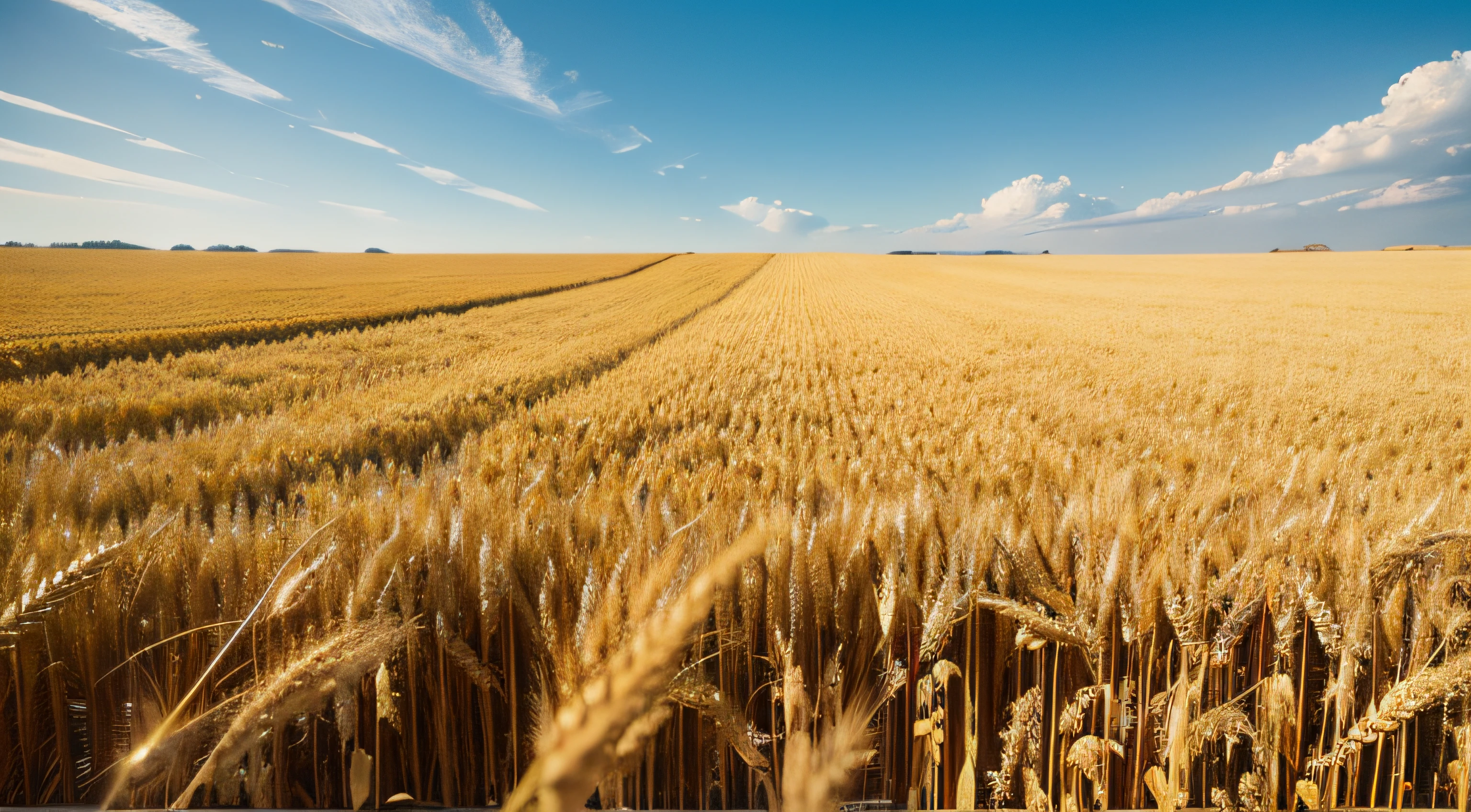 Under the blue sky，There  a golden wheat field there，Five farmers pulling wheat in the wheat field，super wide shot，Close shot of lower right corner，hyper HD，high high quality，depth of fields，composite poster