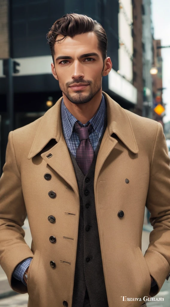 sharp man in jacket and tie standing on a city street, he  wearing an overcoat, trenchcoat marrom claro, casaco de trincheira e terno, pelagem marrom clara, Estilo de Greg Rutkowski, homem atraente, apelo masculino alta moda, trenchcoat, David Gandy, Macho bonito, homem bonito, Casaco, macho atraente