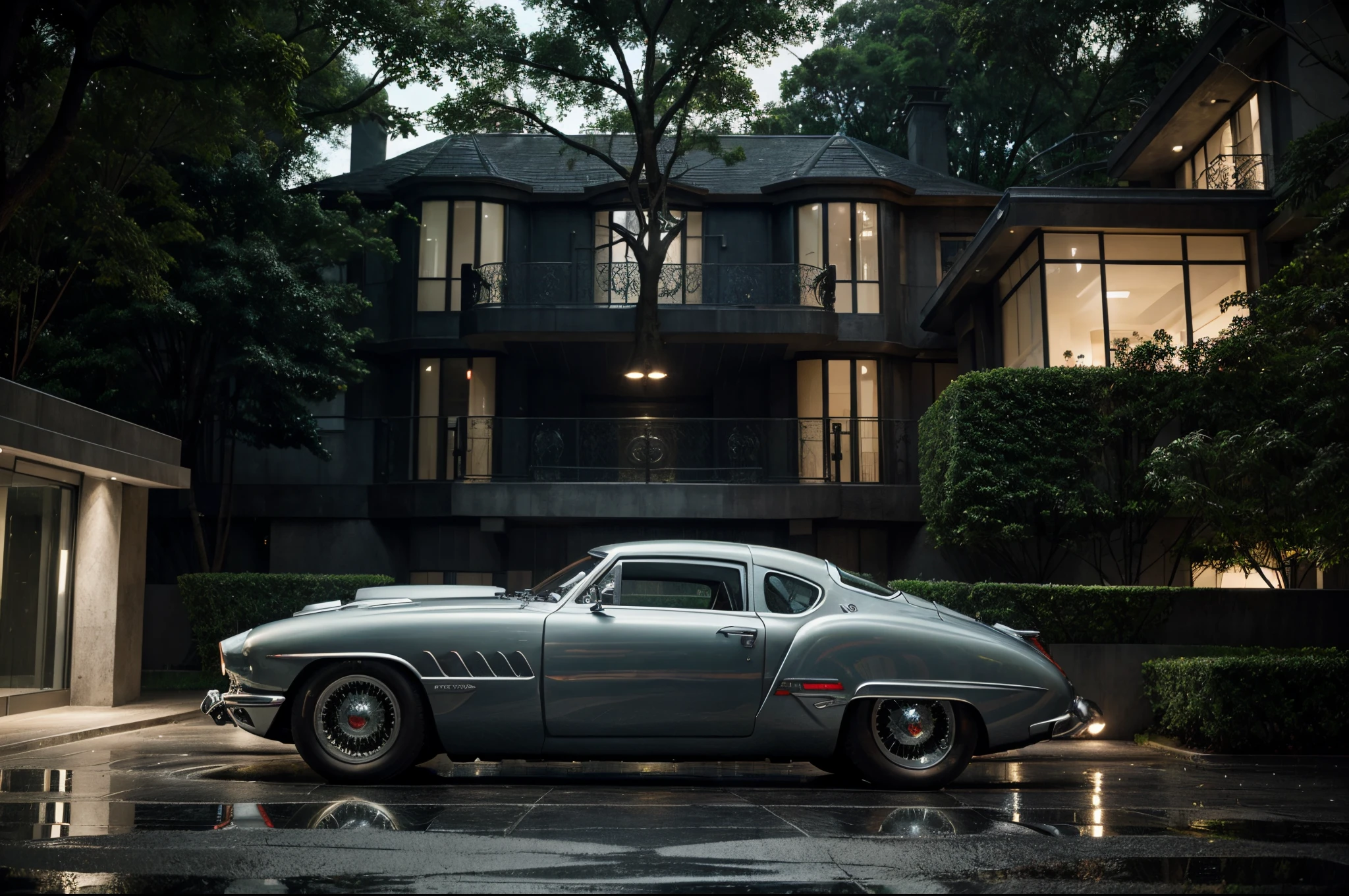 Super futurista ,rodas modificadas , Super futuristic Mercury car in the 1950 model year parked in front of an all steel, Super futuristic mansion with large glass panels , A huge tree in front on a rainy night