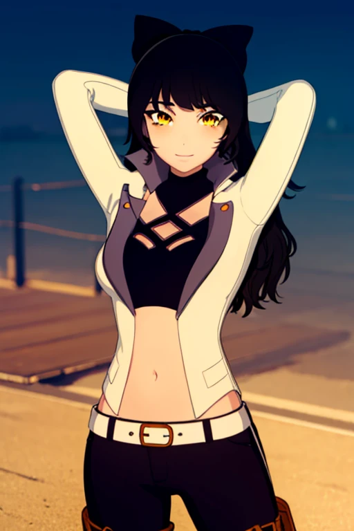 blake, blake, blake belladonna, long hair, black hair, (yellow eyes:1.5), bow, hair bow, black bow, long hair, bangs,
BREAK navel, midriff, belt, jacket, white jacket, long sleeves, open clothes, halterneck, criss-cross halter, pants, black pants,
BREAK looking at viewer, (cowboy shot:1.6),
BREAK outdoors, smile, arms behind head, spread armpits, forest, dark sky, contrapposto,
BREAK (masterpiece:1.2), best quality, high resolution, unity 8k wallpaper, (illustration:0.8), (beautiful detailed eyes:1.6), extremely detailed face, perfect lighting, extremely detailed CG, (perfect hands, perfect anatomy),