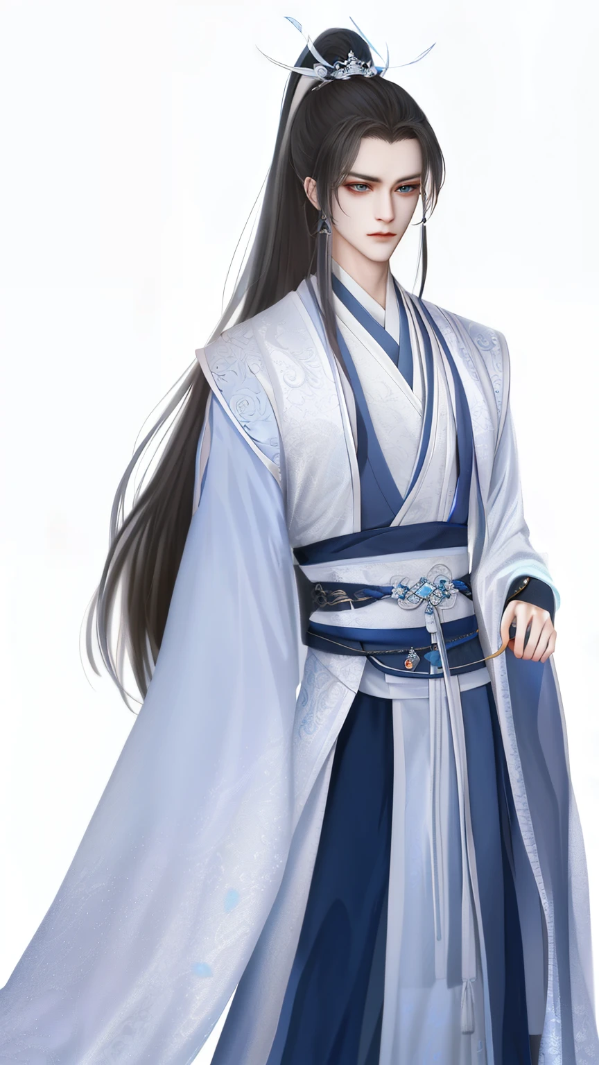 Man dressed in white and blue, Wallpapers,high ponytails,heise jinyao, cotton mist robe,The exquisite prince, Inspired by Bian Shoumin, inspired by Guan Daosheng, full body xianxia, Beautiful prince, inspired by Zhang Han, inspired by Zhao Yuan,, flowing hair and long robes, zhao yun, xianxia hero,white backgrounid,Eye focus,a sharp gaze,A high resolution,tmasterpiece,Best quality,32K,