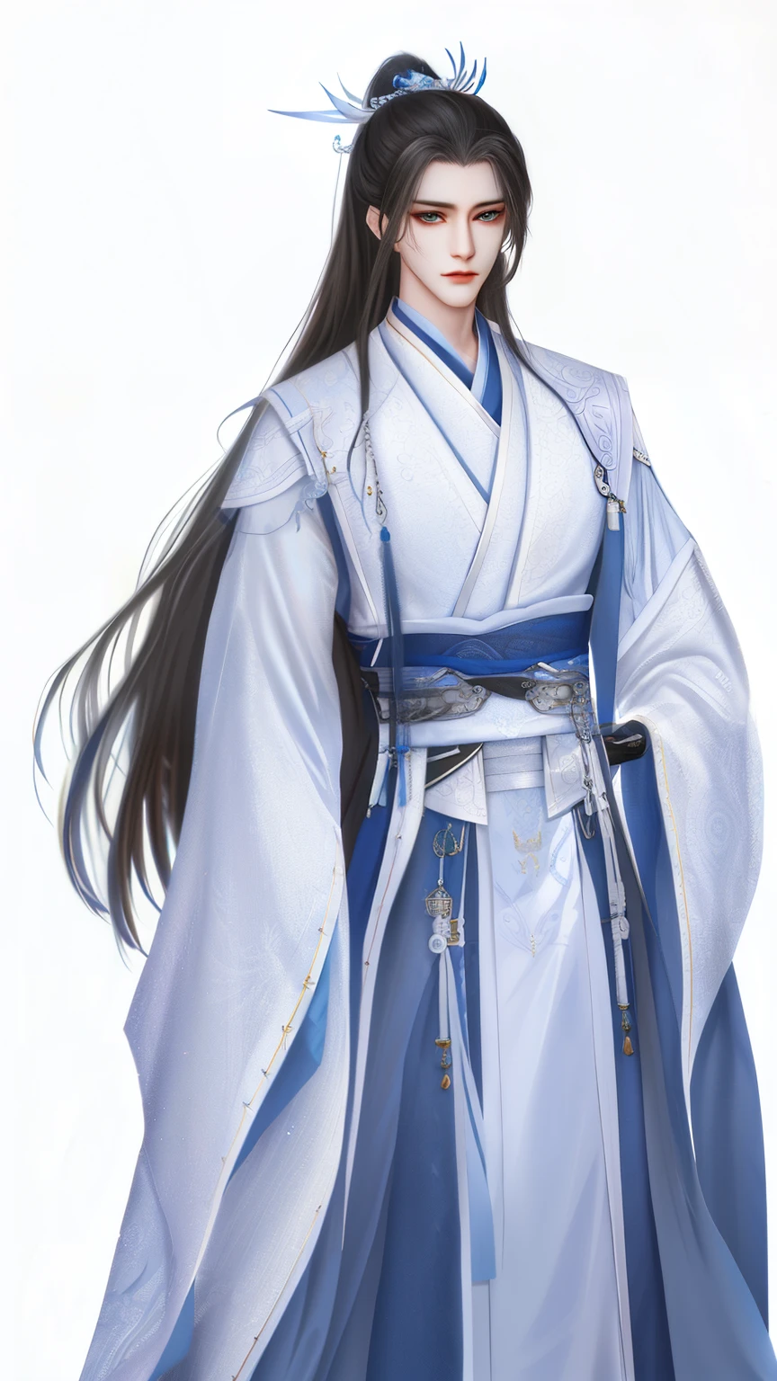 Man dressed in white and blue, Wallpapers,heise jinyao, cotton mist robe,The exquisite prince, Inspired by Bian Shoumin, inspired by Guan Daosheng, full body xianxia, Beautiful prince, inspired by Zhang Han, inspired by Zhao Yuan,, flowing hair and long robes, zhao yun, xianxia hero,white backgrounid,Eye focus,a sharp gaze,A high resolution,tmasterpiece,Best quality at best,32K,
